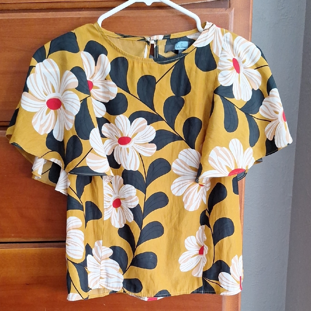 Eva Franco Anthropologie Mustard Floral Blouse Size 0